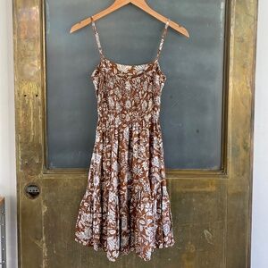 Beachgold Floral Mini Dress Brown Boho Tiered Sundress Size S